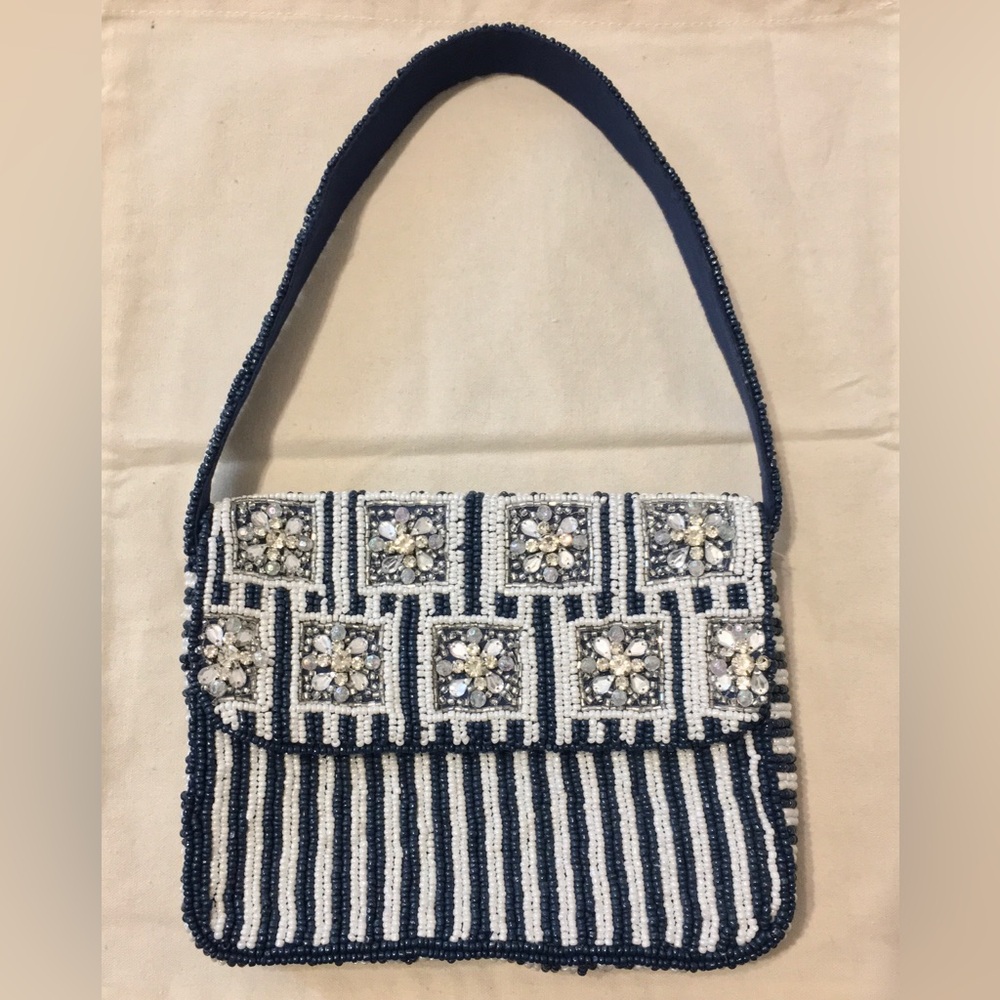 Beaded Stripe Navy and White Floral Accent Shoulder Bag